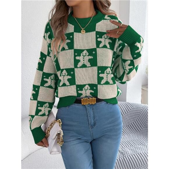 Christmas Checkerboard Gingerbread Round Neck Sweater - Picture 5 of 11